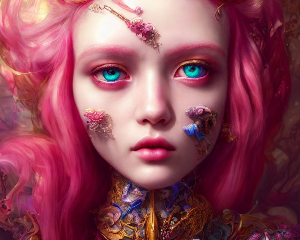 Vibrant pink hair and blue eyes with floral adornments in ornate gold attire