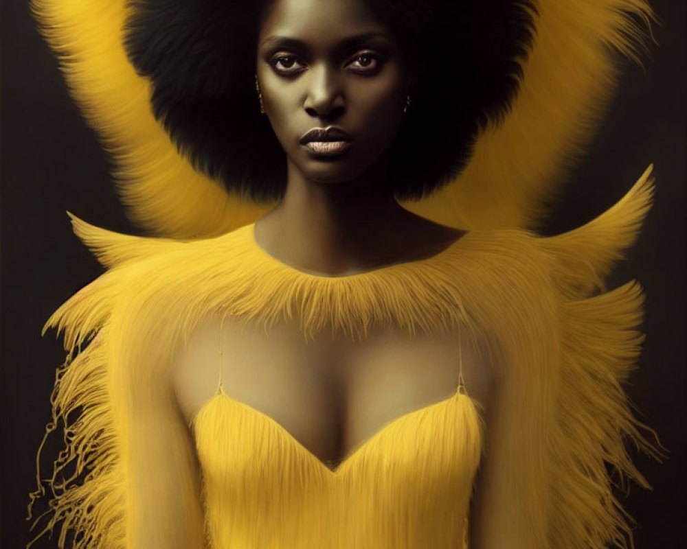 Dark-skinned woman in yellow feathered attire with voluminous collar & headdress