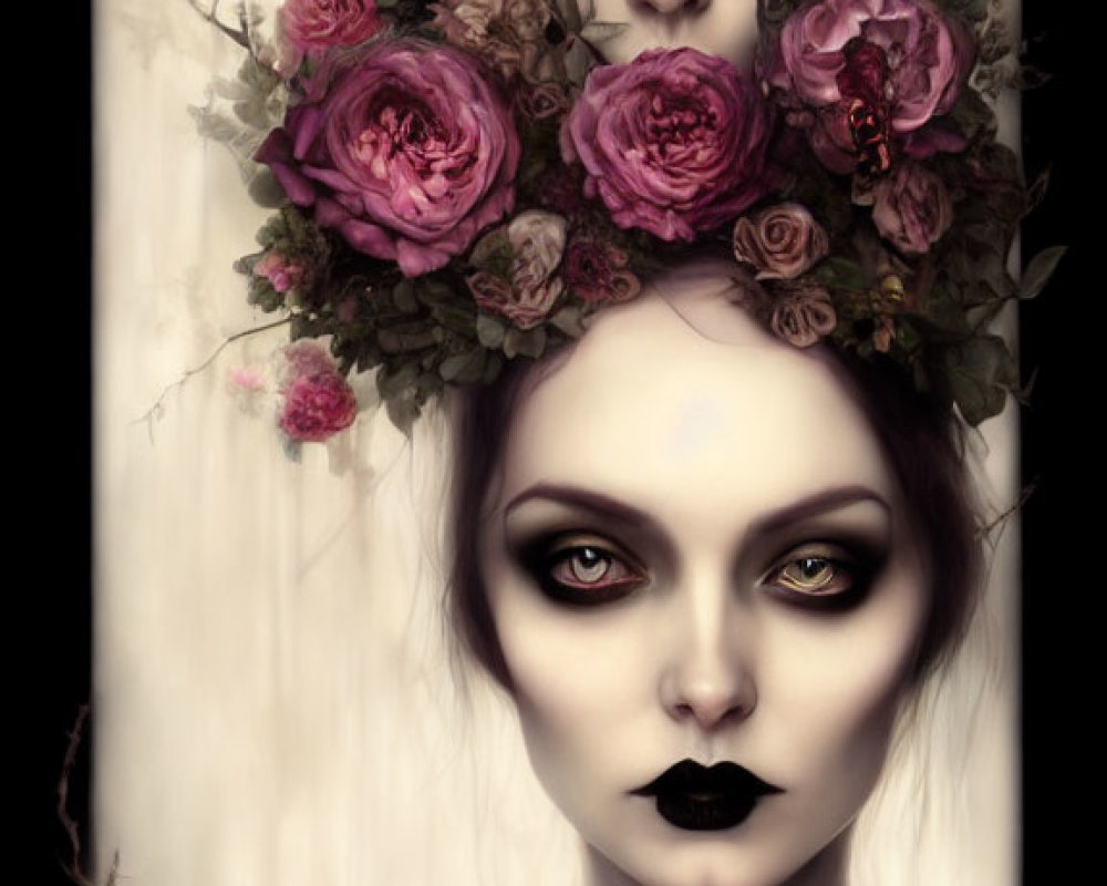 Gothic-style portrait with pale skin, black lipstick, dark eyes, and roses.