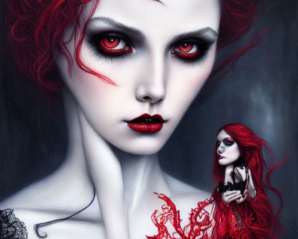 Gothic fantasy image of woman with red hair, red eyes, black lipstick, lace dress