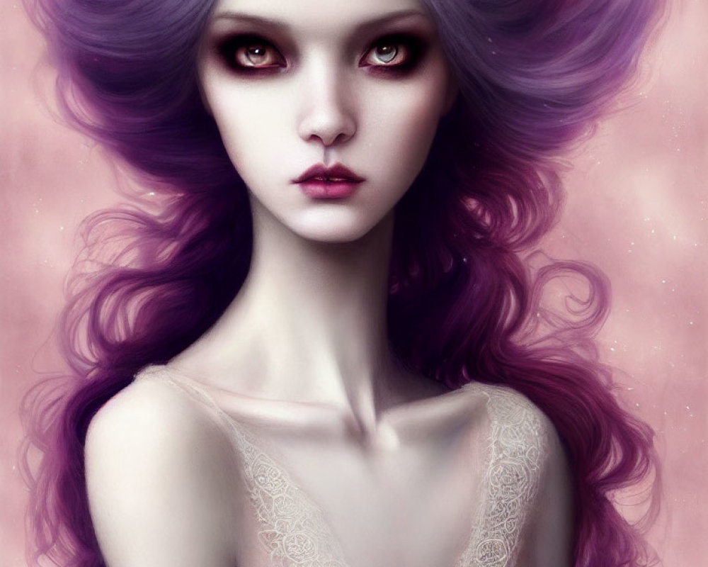 Illustration of woman with red eyes, purple hair, lace details on pink background