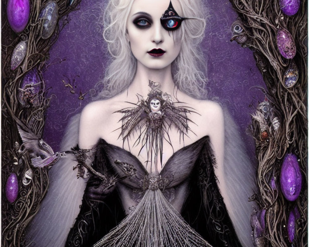 Pale woman in gothic makeup surrounded by dark branches and colorful gems