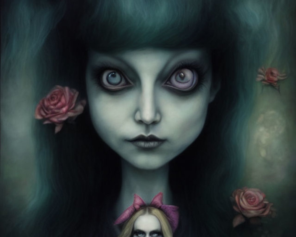 Surreal portrait featuring girl with oversized purple eyes and roses