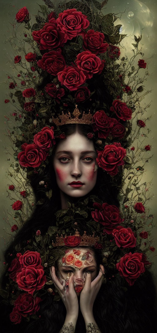 Somber woman with crown surrounded by red roses and reflection with rose-covered eyes