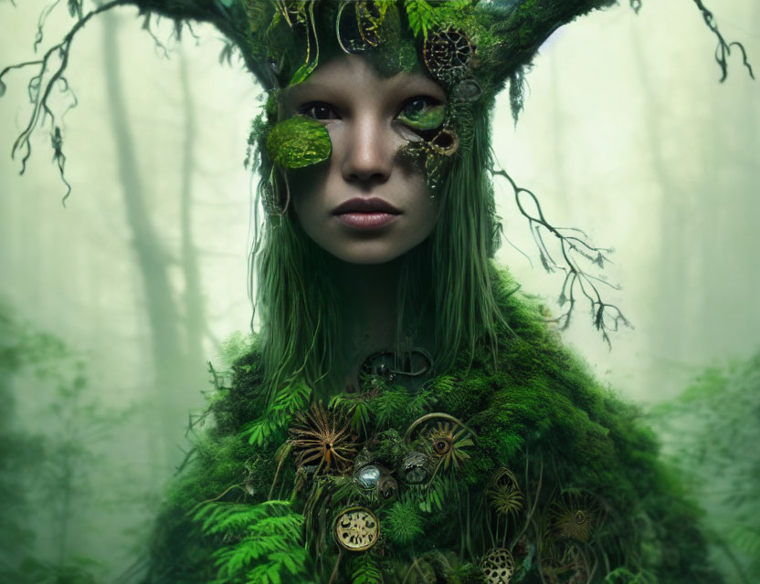 Mystical female figure with moss, leaves, and mechanical parts in foggy forest.