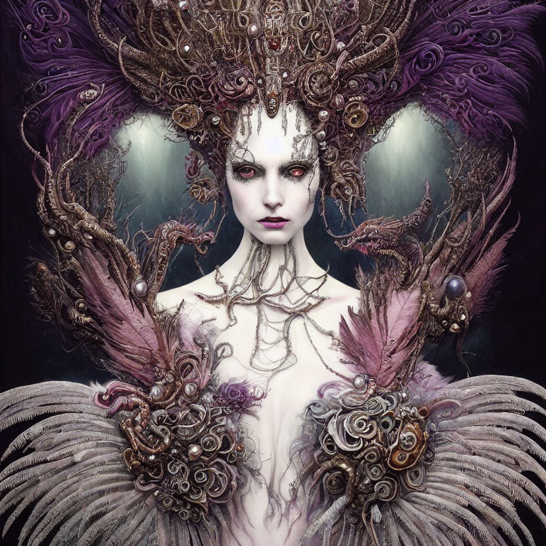 Pale-skinned figure with red eyes and elaborate headpiece in dark fantasy style.