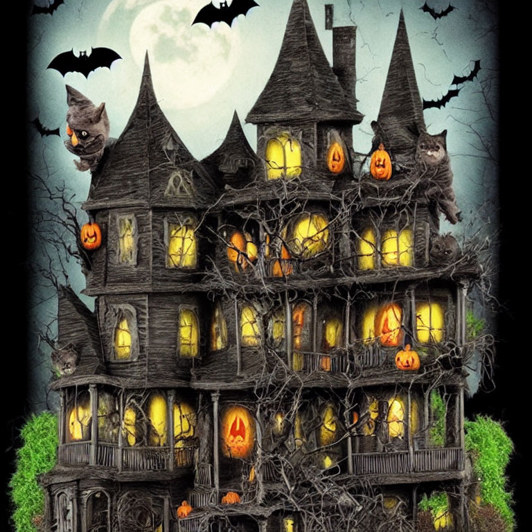 Gothic-style haunted house with Jack-o'-lanterns, bats, and full moon