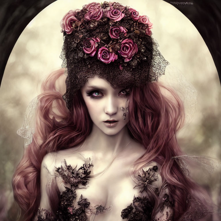 Woman with Long Pink Hair and Floral Crown Portrait