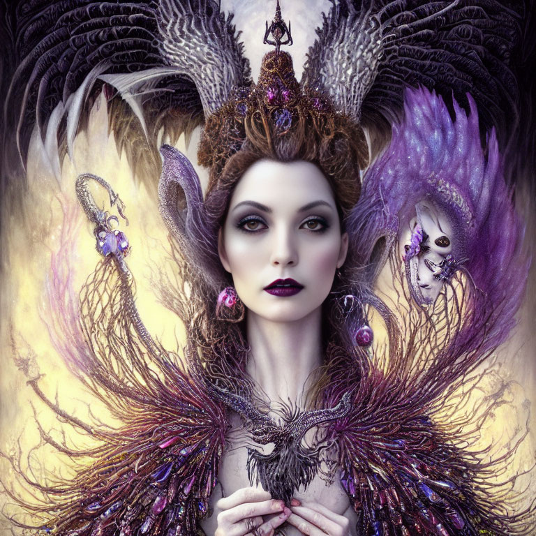 Woman with fantasy makeup, crown, mystical wings, and glowing light.