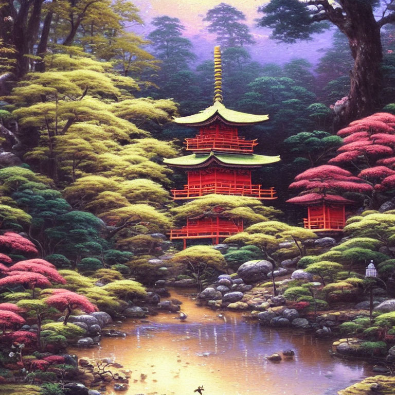 Traditional Japanese Pagoda in Autumn Setting with Pond