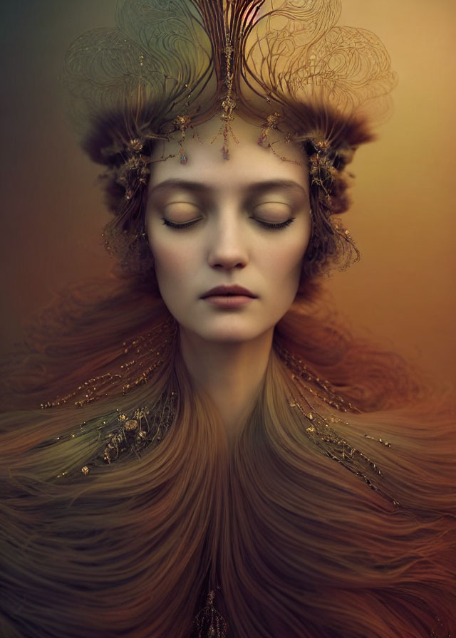 Surreal portrait of woman with intricate gold headdress