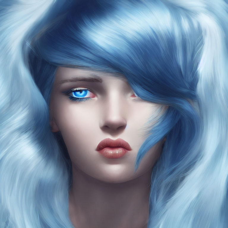 Digital artwork: Woman with Blue Hair & Eyes, Red Lips