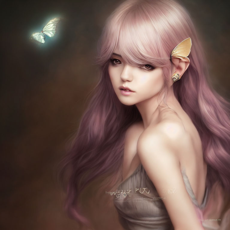 Fantasy portrait of female with pointed ears and lilac hair gazing at glowing butterfly on brown backdrop