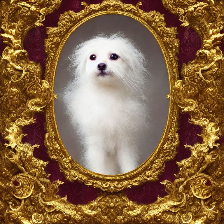 Fluffy white dog in ornate gold frame on maroon floral background