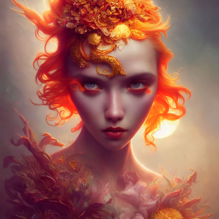 Fiery Red Hair Portrait with Orange Flowers and Gold Details