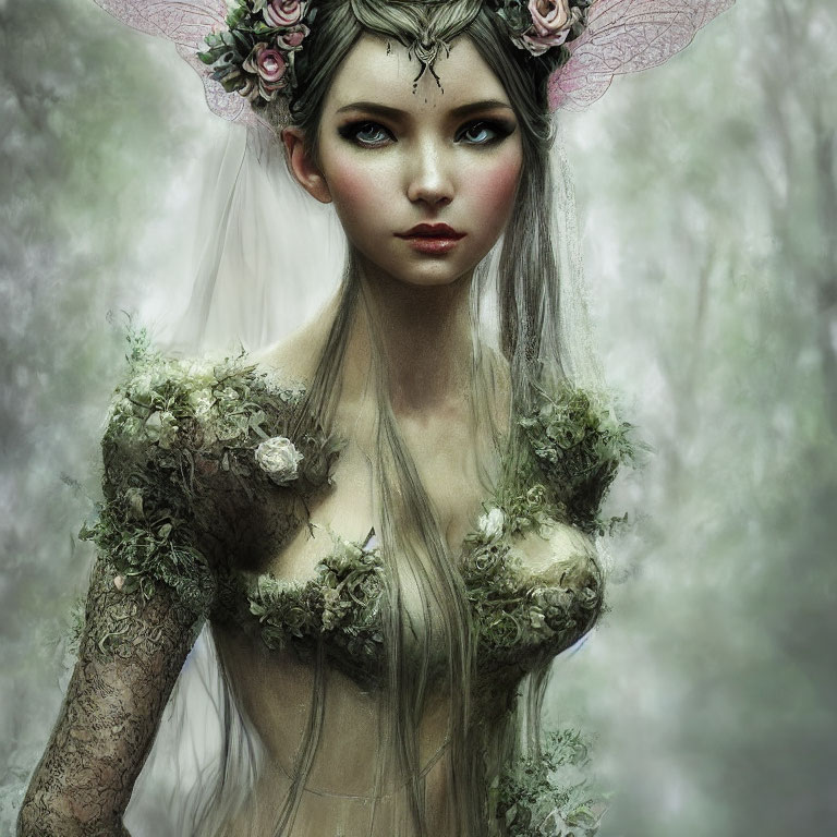 Fantasy elf character in floral dress and hat in misty forest