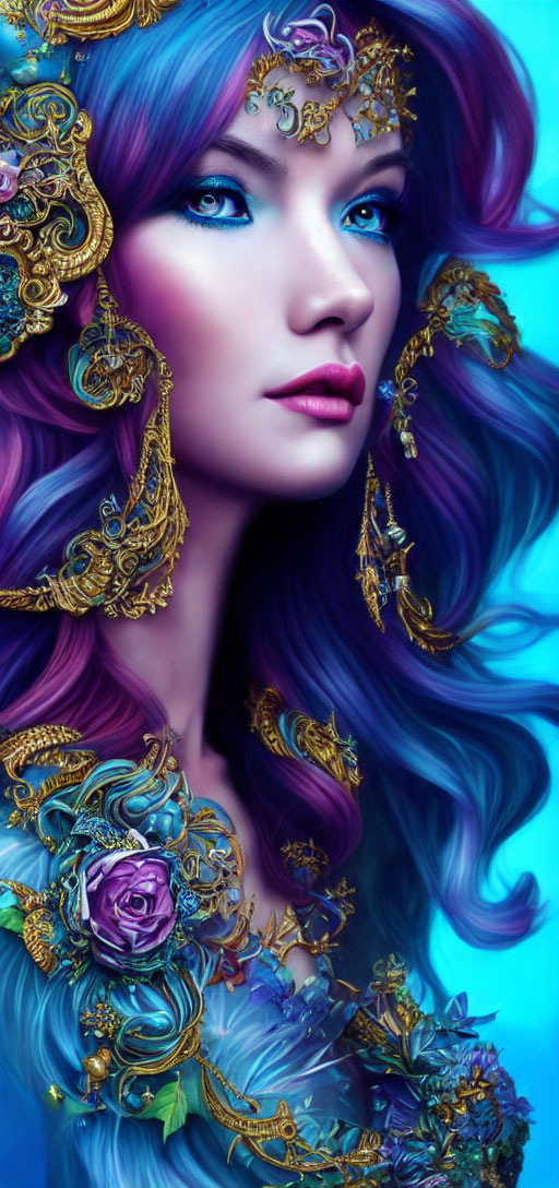 Vibrant purple and blue hair with golden filigree and roses portrait