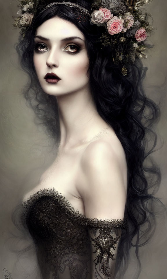 Portrait of a Woman with Pale Skin, Dark Hair, Flower Crown, and Black Lace Dress