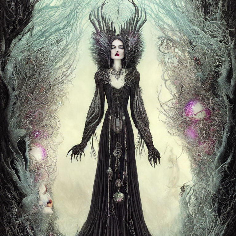 Elaborate dark fantasy queen in mystical forest setting