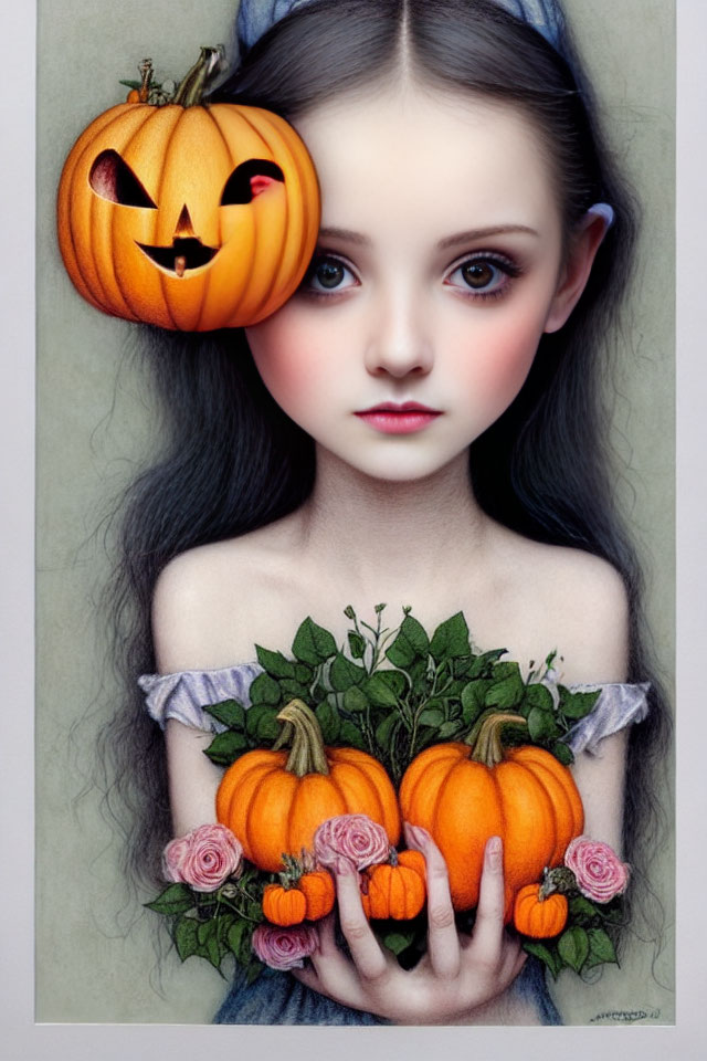 Girl with expressive eyes holding pumpkin & rose bouquet, carved pumpkin head.