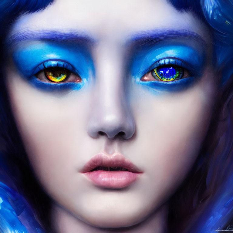 Close-Up Digital Artwork: Person with Striking Blue Skin and Yellow-Blue Eyes