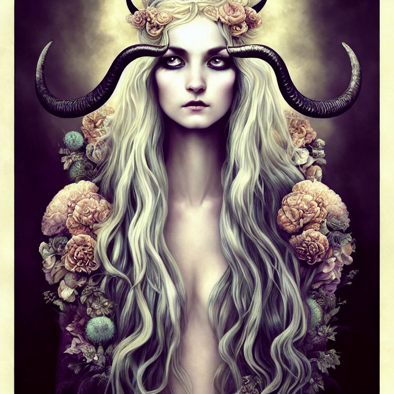 Fantasy portrait of woman with long hair and horned headdress surrounded by flowers