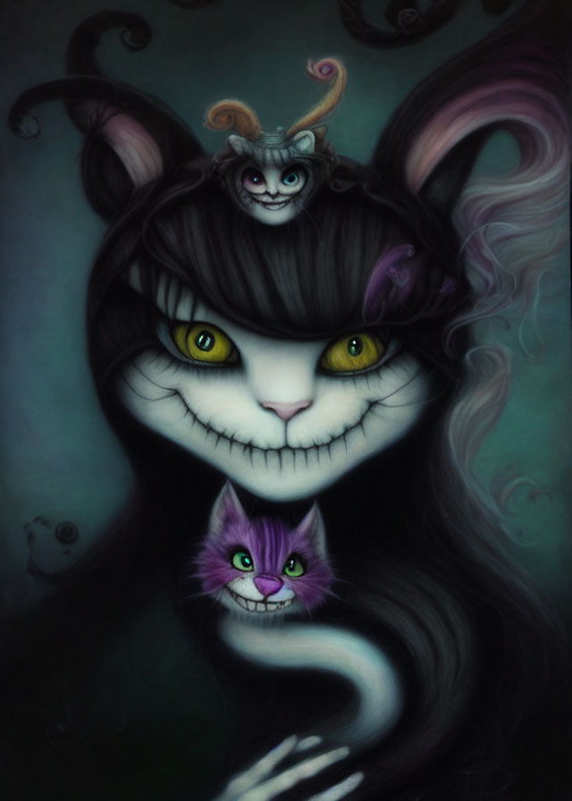 Whimsical Cheshire Cat illustration with wide grin and yellow eyes