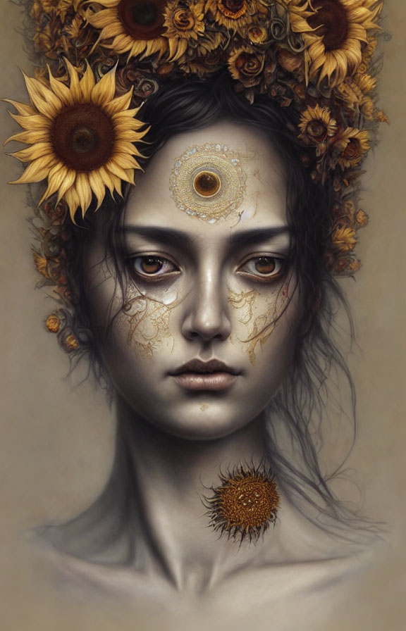 Person portrait with sunflower eye and adornments - intricate face patterns