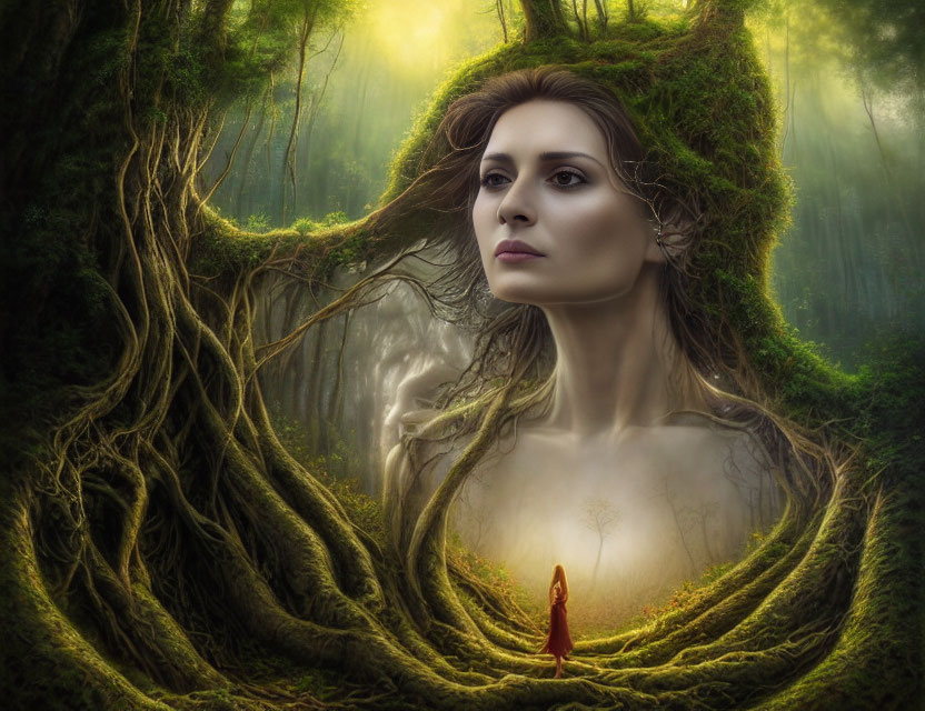 Mystical image of woman's face merging with tree in enchanted forest