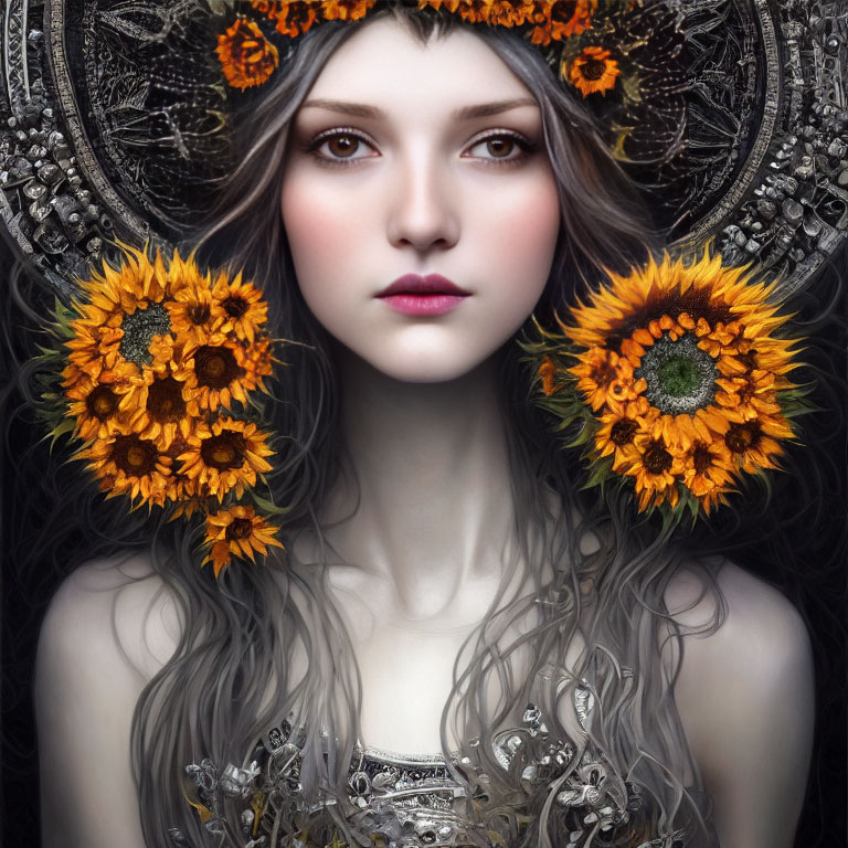 Woman with Sunflower Headdress and Metalwork Against Dark Floral Background