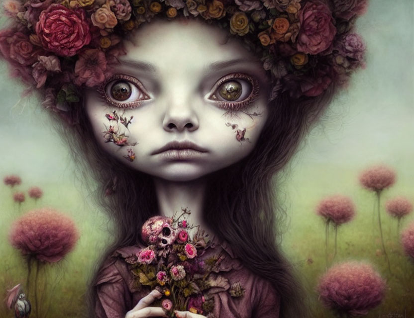 Large-eyed girl in floral crown surrounded by blossoms in surreal portrait.