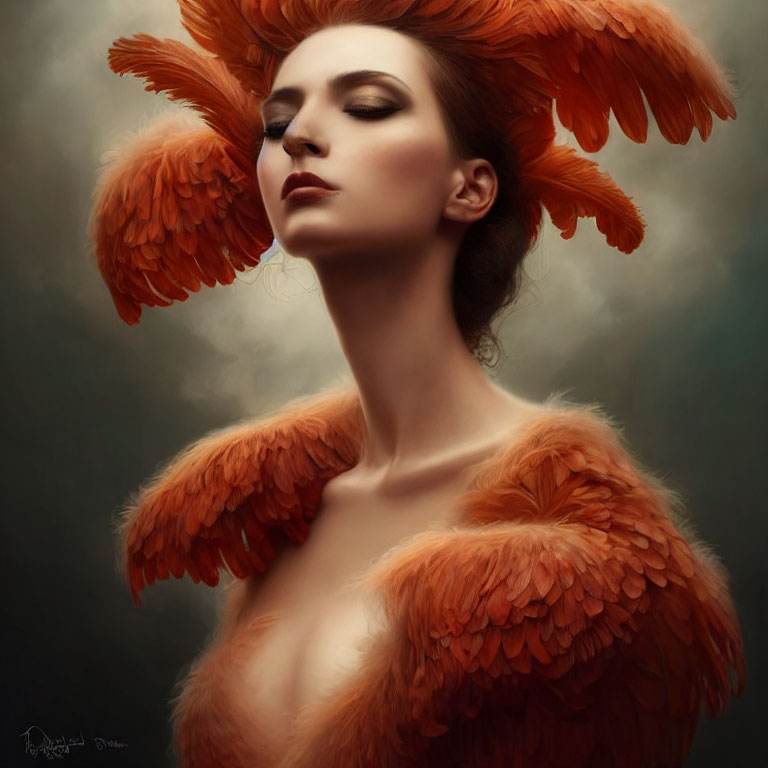 Woman wearing ornate orange feather headdress and shoulder piece with closed eyes in serene expression against muted background