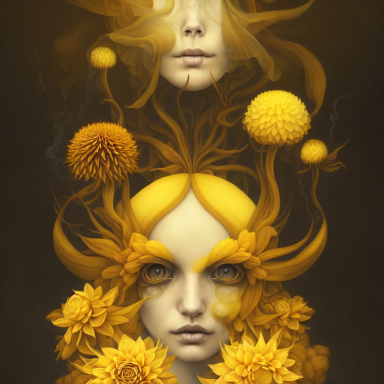 Symmetrical portrait of a woman with flowing hair and yellow flowers on a dark background