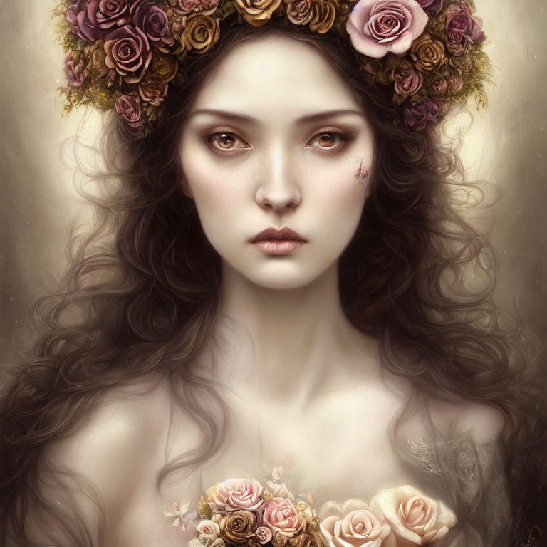 Portrait of woman with floral crown and wavy hair in soft, romantic setting