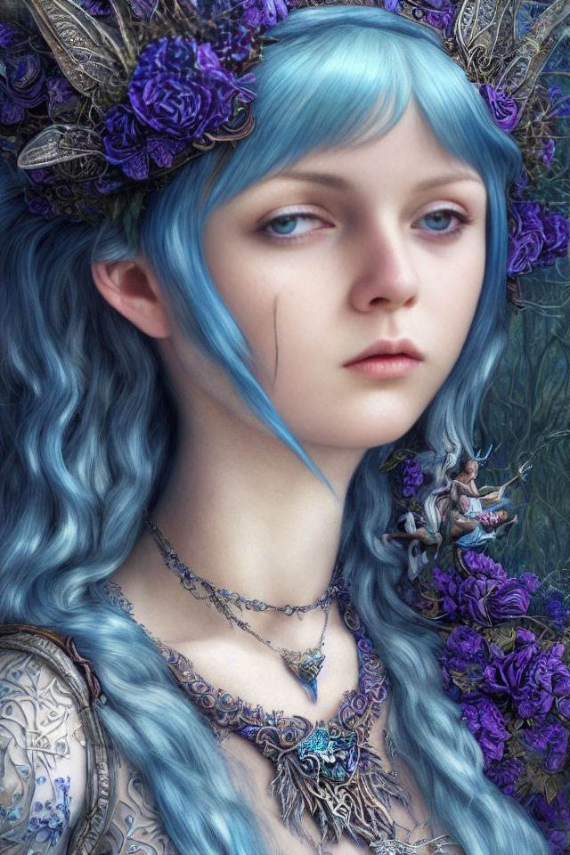 Blue-haired woman with floral headdress and ornate necklace exudes ethereal charm