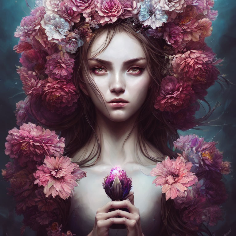 Digital Artwork: Woman with Pink and Purple Flower Crown Holding Bud