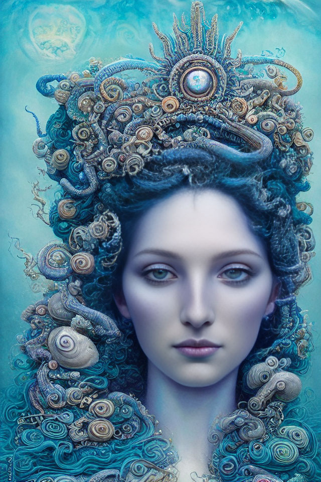 Intricate Spiral Headdress on Woman in Aquatic Fantasy Portrait