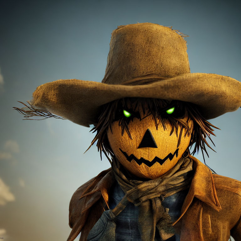 Spooky scarecrow with burlap face, green eyes, stitched smile, hat, and scarf