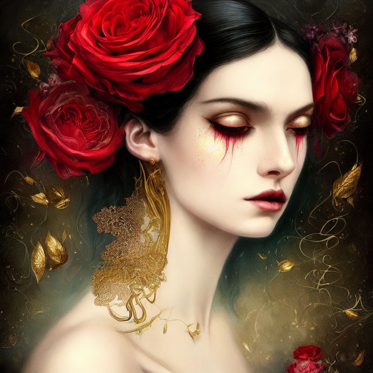 Portrait of woman with pale skin, dark hair, red roses, gold leaf, and ornate e