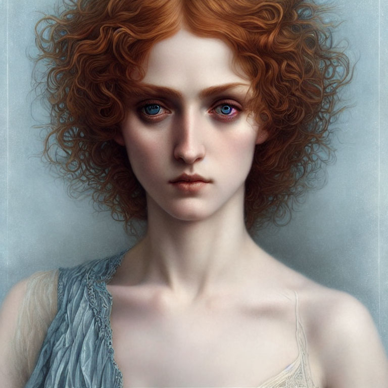 Portrait of a person with curly red hair, blue eyes, fair skin, and light blue dress