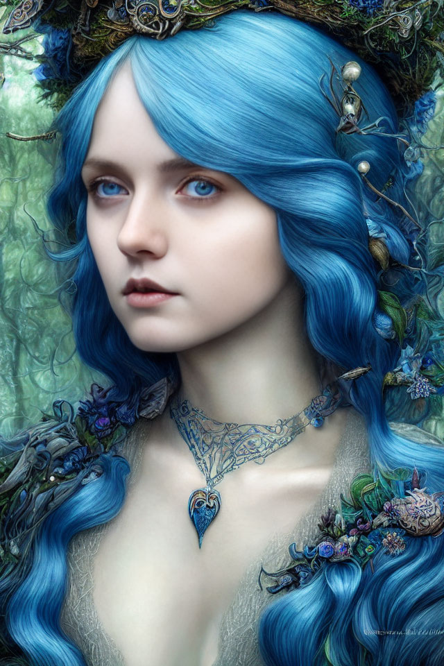 Vibrant blue hair portrait with floral crown and necklace on green foliage backdrop