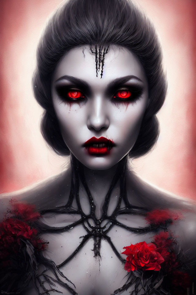 Digital Artwork: Woman with Red Eyes, Skeleton Design, and Red Roses