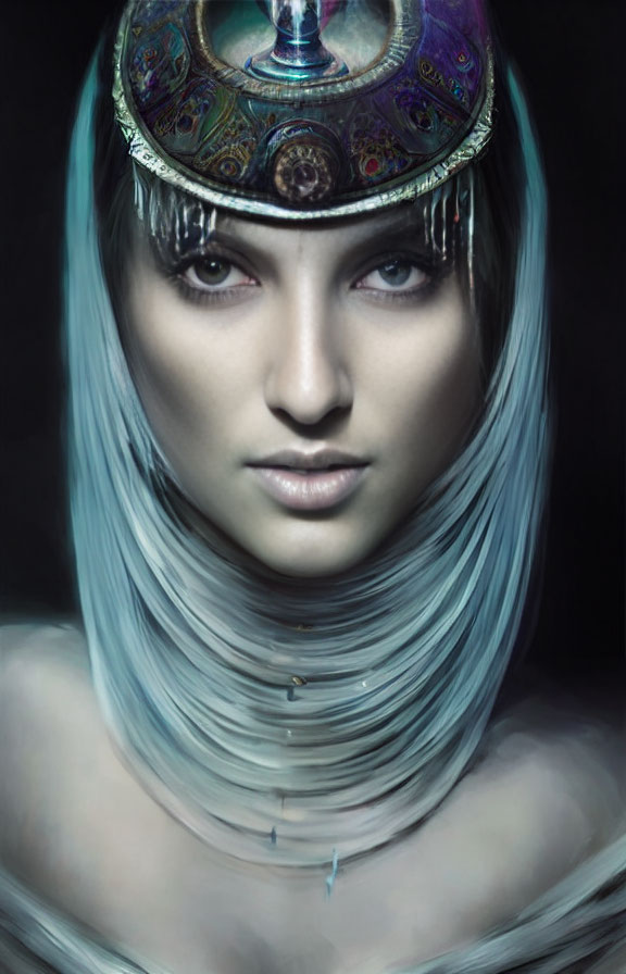 Pale Blue-Haired Person with Ornate Metallic Headdress on Dark Background