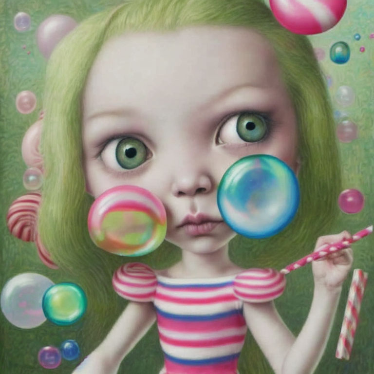 Stylized painting of a green-eyed girl blowing bubbles