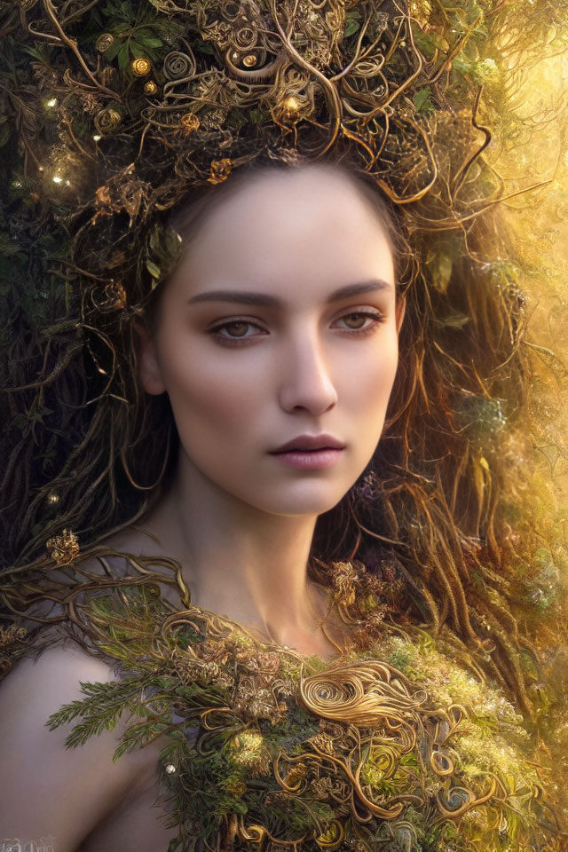 Woman wearing ornate branch and foliage headpiece, emitting ethereal vibe