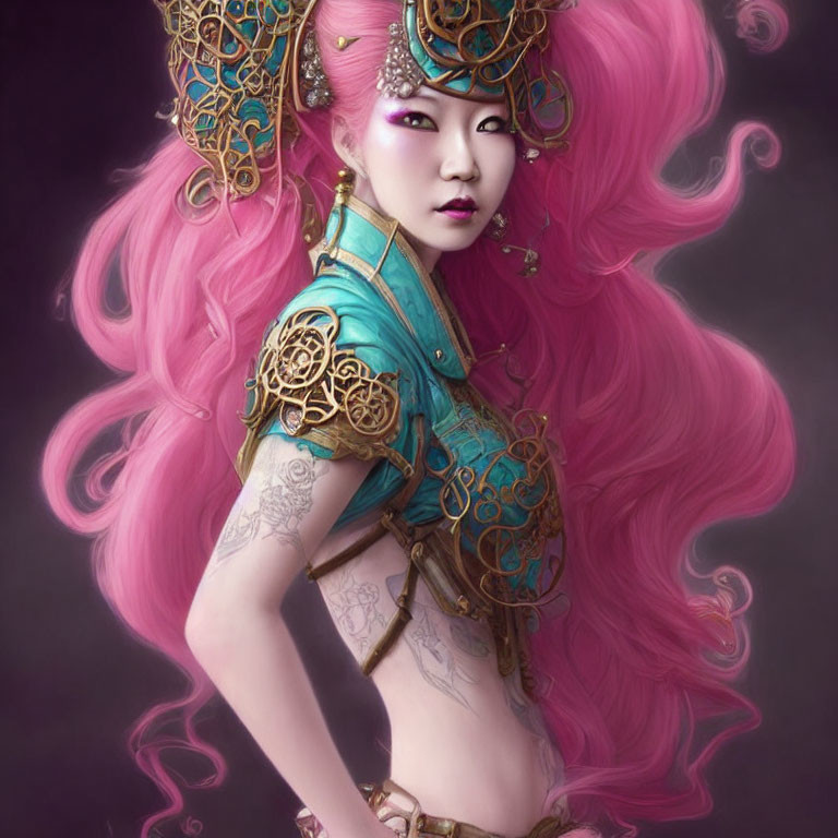 Vibrant pink hair and ornate gold teal headgear on a woman.