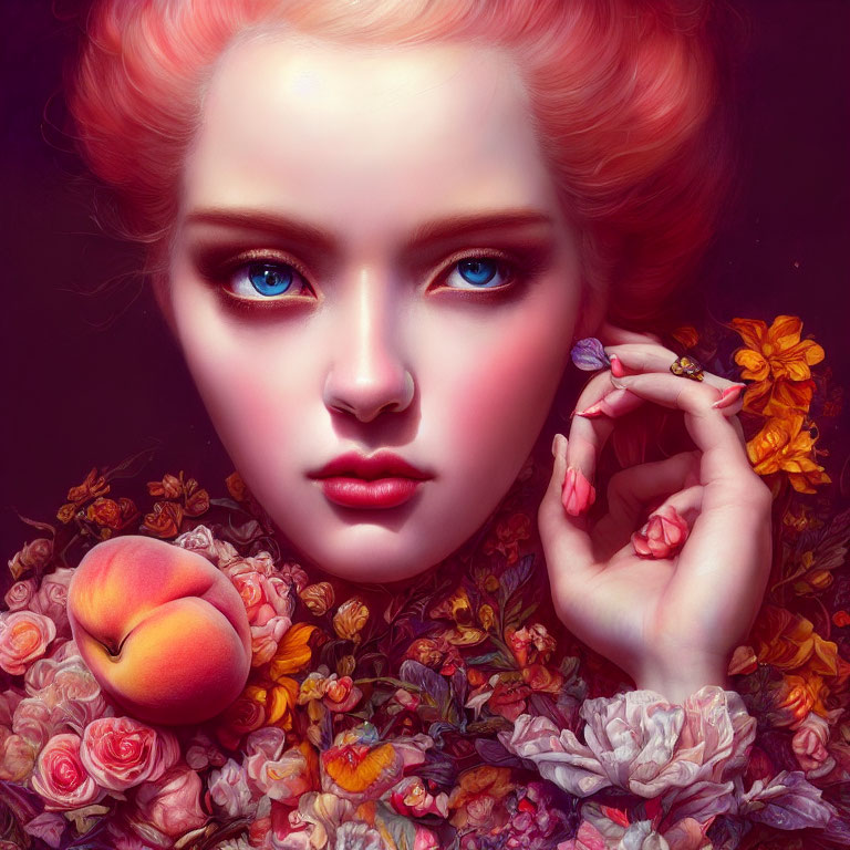 Portrait of Woman with Blue Eyes and Peach Hair Among Flowers