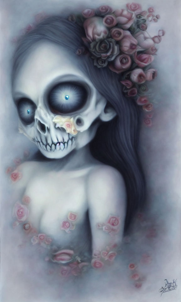 Gothic skeletal figure with blue eyes and floral skull in misty setting