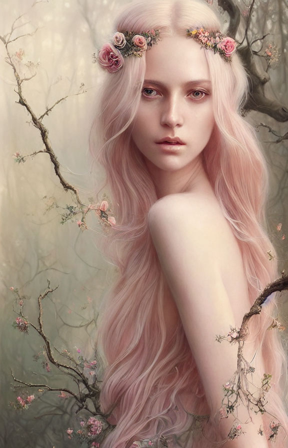 Person with Long Pink Hair and Floral Crown Among Blossoming Branches