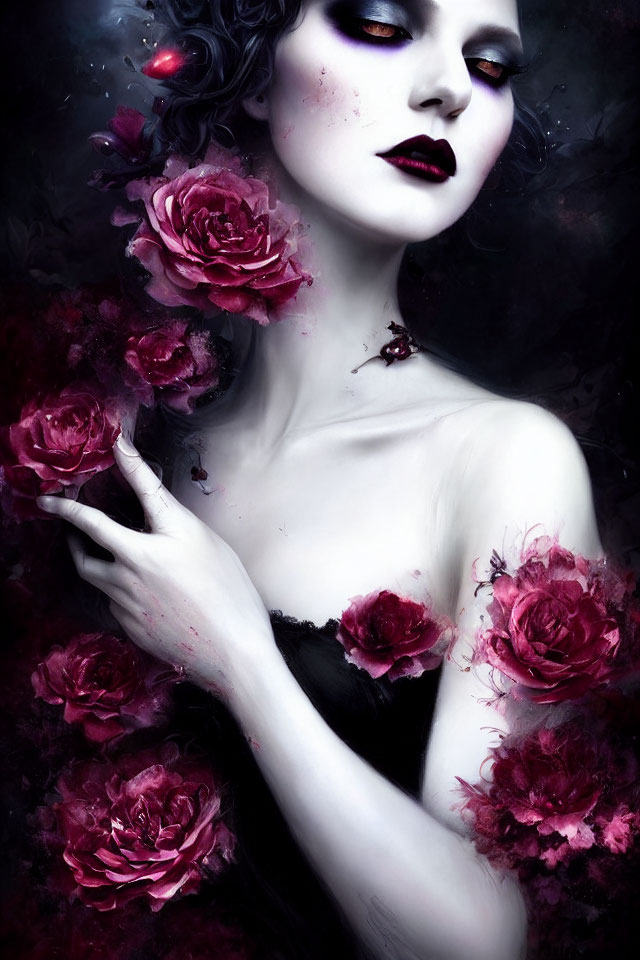 Pale Woman with Dark Lipstick Surrounded by Red Roses in Gothic Setting